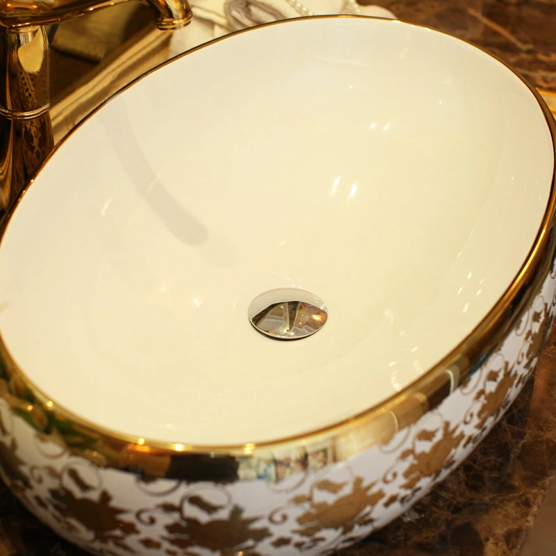 Chaozhou Gold Color Basin Bowl Table Mount Ceramic Bathroom Sinks Modern Oval Ceramic Golden Basin with Floral Design