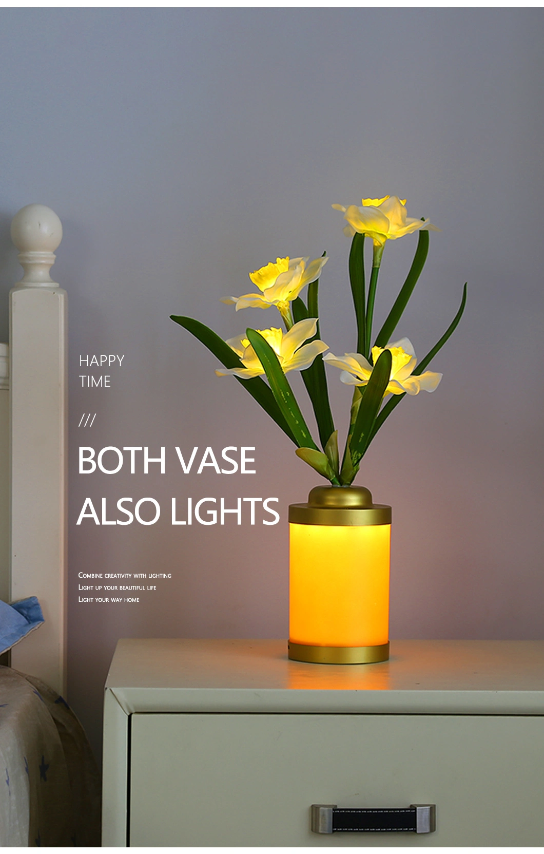 Cross-Border Warm and Modern Minimalist Bedroom Bedside Night Light USB Connection 5th Battery Creative LED Flower Vase Lamp Decorative Table Lighting