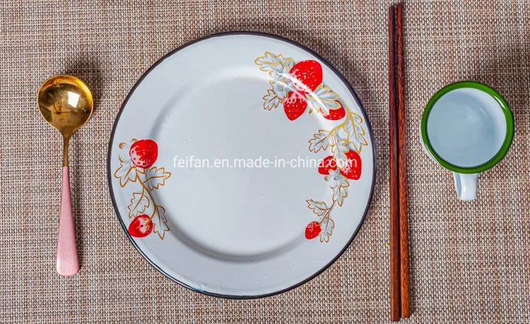 20cm Round Enamel Plate with Strawberry Decal for Dessert/Nuts/Fruit