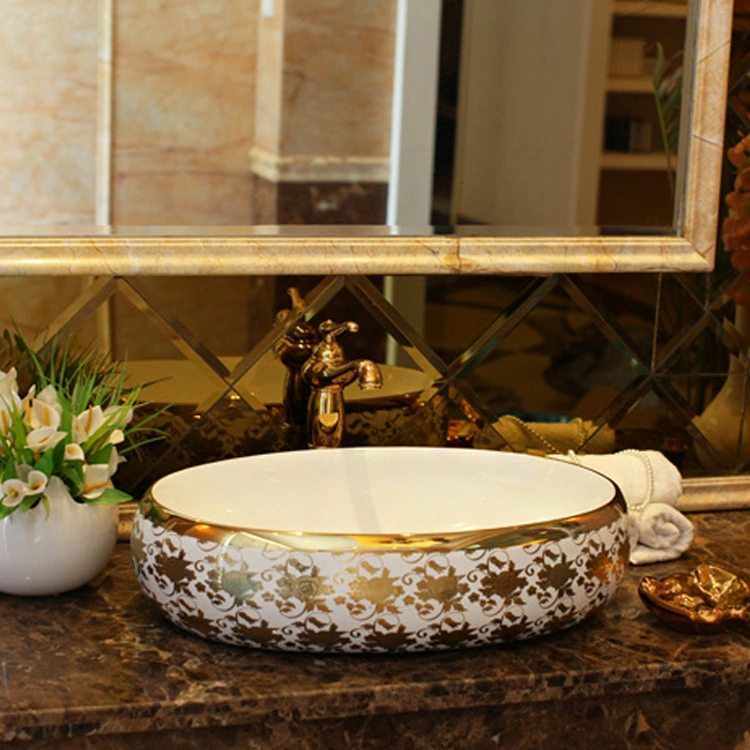 Chaozhou Gold Color Basin Bowl Table Mount Ceramic Bathroom Sinks Modern Oval Ceramic Golden Basin with Floral Design