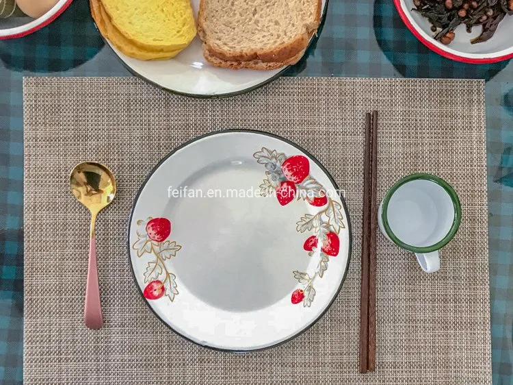 20cm Round Enamel Plate with Strawberry Decal for Dessert/Nuts/Fruit