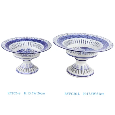 Blue and White Porcelain Hollow out Ceramic Wedding Dessert Candy Fruit Plate with High Stand