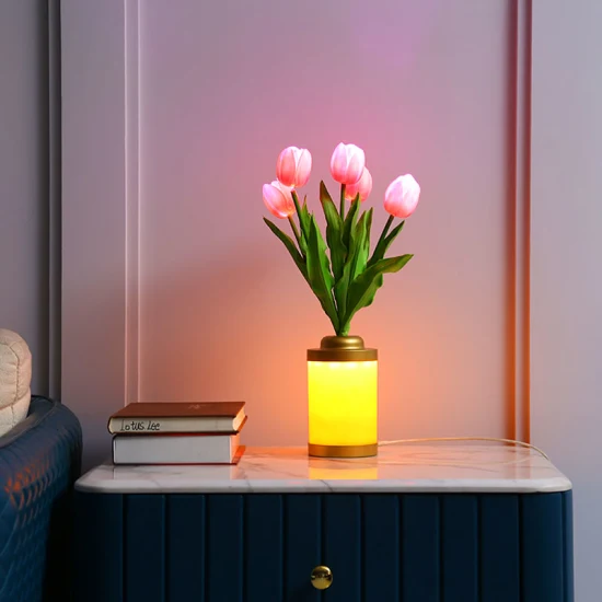 Cross-Border Warm and Modern Minimalist Bedroom Bedside Night Light USB Connection 5th Battery Creative LED Flower Vase Lamp Decorative Table Lighting